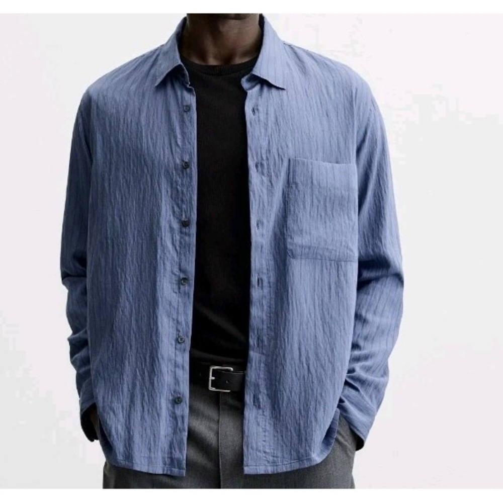 Zara Men's Crinkle Effect Striped Button Up Blue Size L NWOT